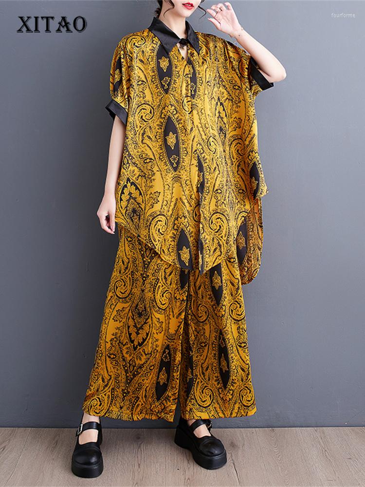 

Women's Two Piece Pants XITAO Women Pieces Set Print Pattern Single Breast Top Elastic Waist Full Length 2023 Summer Style WLD11383, Yellow wld11383