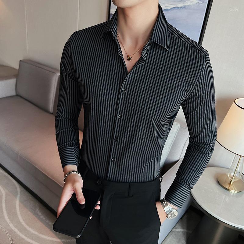 

Men's Casual Shirts Camisas De Hombre Autumn Long Sleeve Striped Shirt Men Clothing 2023 Business Slim Fit Stretched Dress Tuxedo, Black