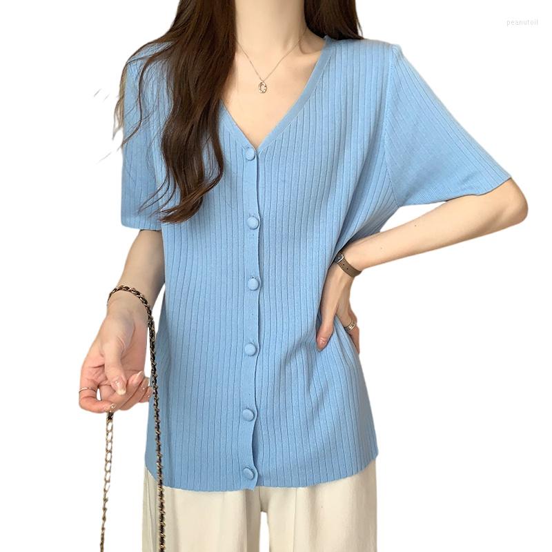 

Women's Knits -4XL Large Size Cardigan 2023 Summer Oversized V-Neck Knitted Tops Short Sleeve Casual Loose Ice Silk Sweaters Solid Color, Black