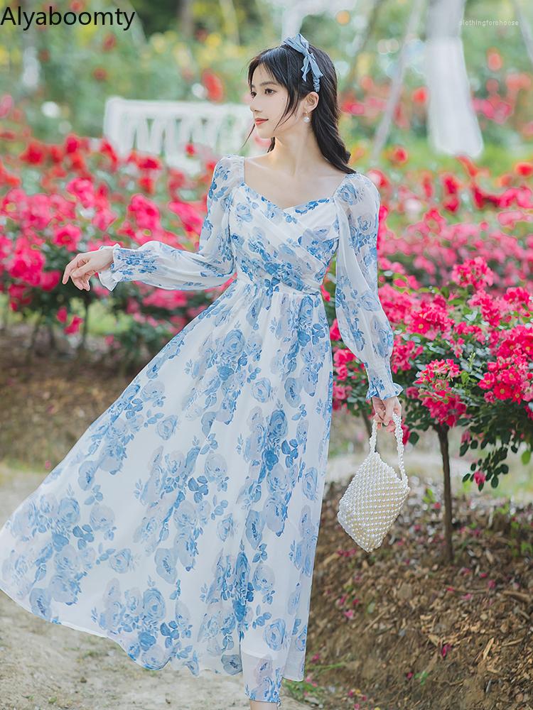 

Casual Dresses Spring Autumn Women Long Dress Square Collar Blue Floral Printed Feminine Puff Sleeve Elegant Vintage Fairy Midi, As the photo