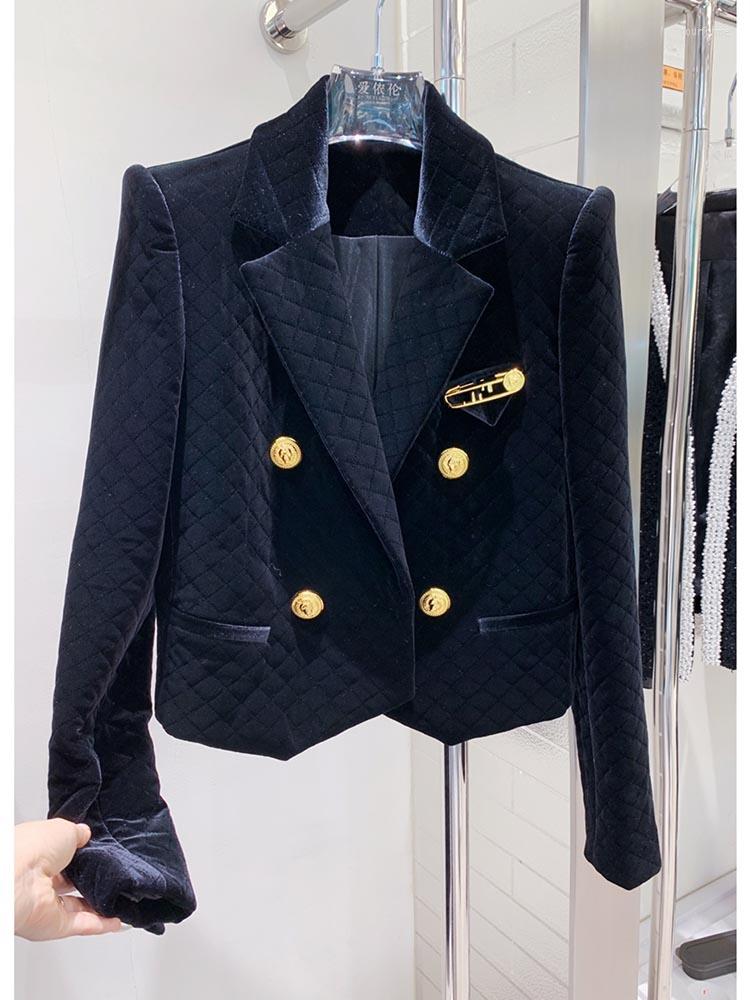 

Women' Jackets HIGH STREET Est 2023 Fall Winter Designer Jacket Brooch Embellished Lion Buttons Grid Velvet Blazer, Black