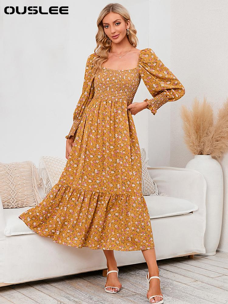 

Casual Dresses OUSLEE Flare Sleeve Chiffon Dress For Women Elegant Women's Spring Square Collar Print Long Floral, Navy blue