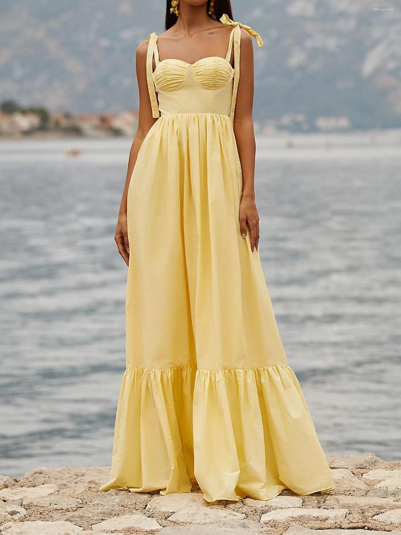 

Casual Dresses European And American Women's Solid Color Sleeveless Suspender High Waist Long Elegant Sweet Dress, Yellow
