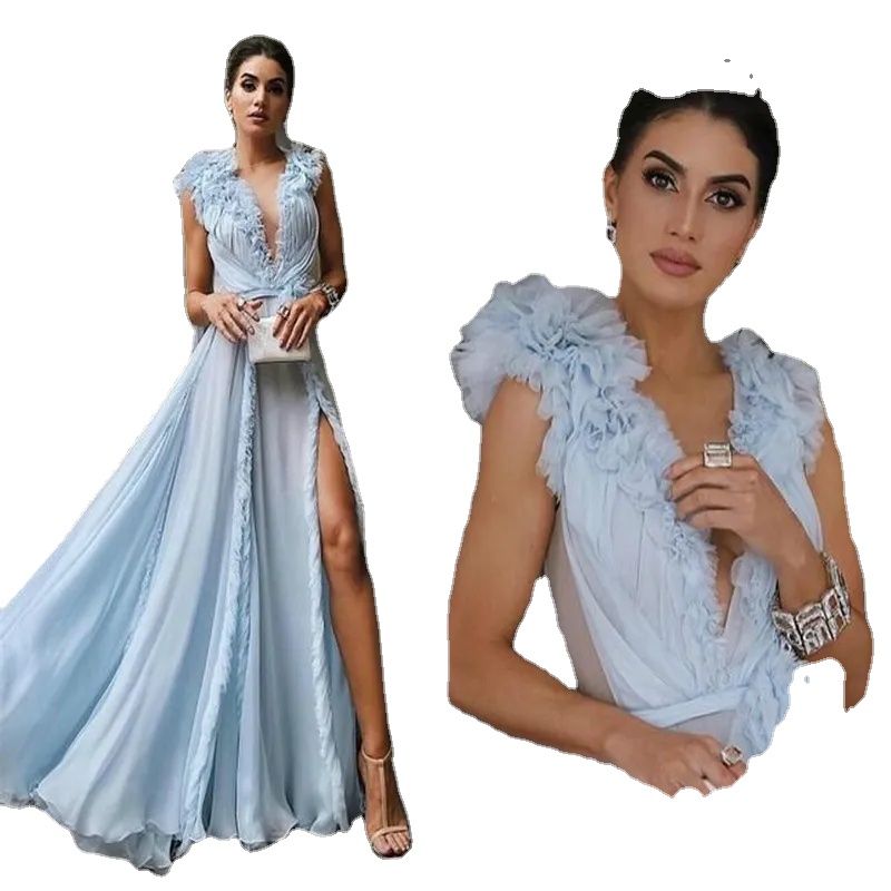 

Side Split Celebrity Prom Dresses Custom Made Sky Blue V Neck Sweep Train Ruffles Tulle Evening Wear Formal Dress, White