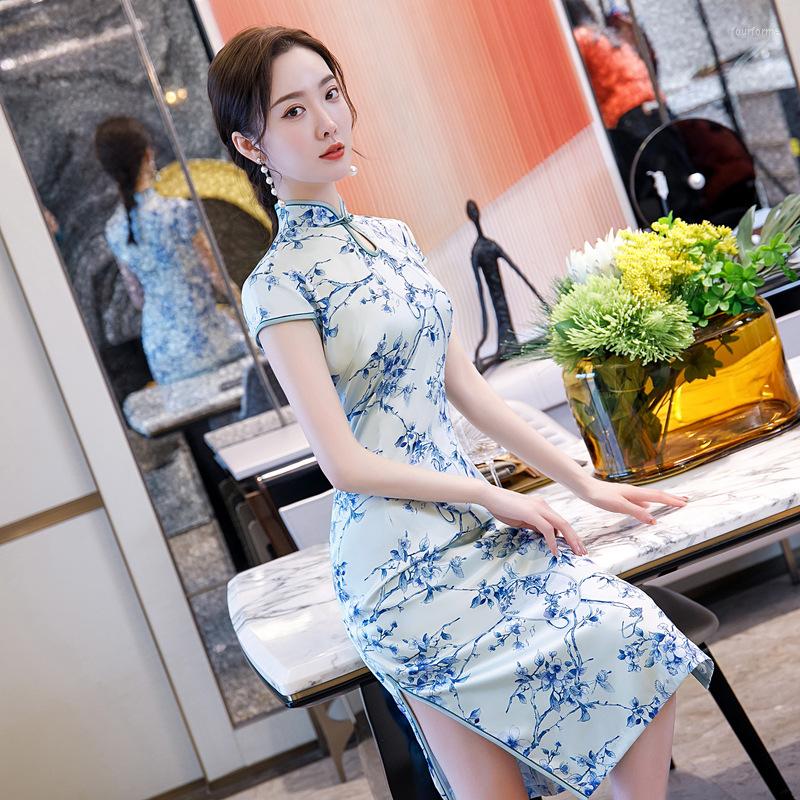 

Ethnic Clothing Cheongsam Spring Summer 2023 Vintage Blue And White Porcelain Medium Long Short Sleeve Stand Collar Slim Qipao