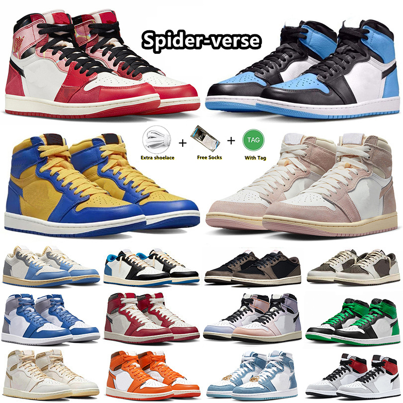 

Jumpman 1 1s Basketball Shoes Spider-verse Spiderverse UNC Toe Craft Reverse Laney Washed Pink Lost and Found Lucky Green Patent Bred True Blue Sneakers for Men Women, Item#52