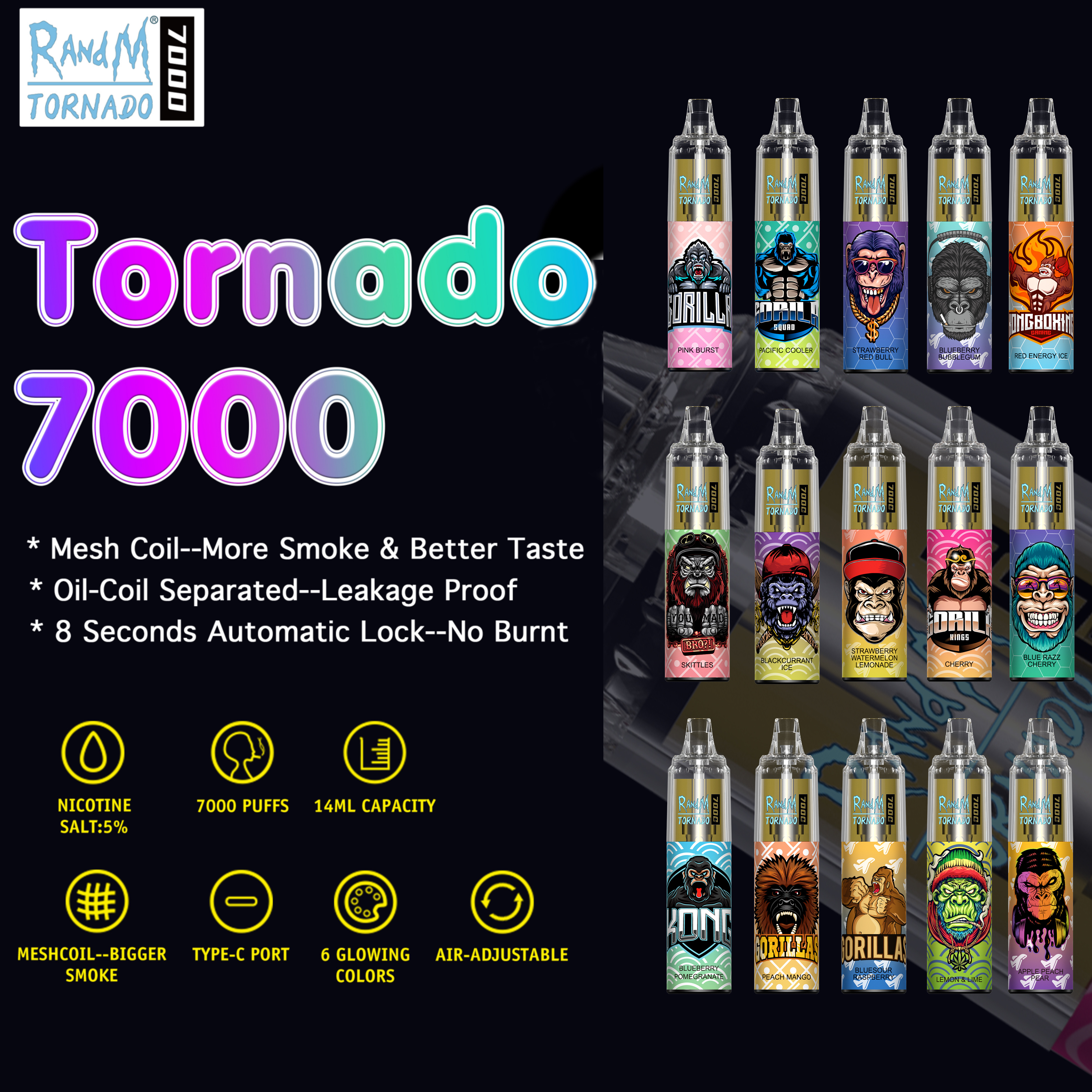 

Original RandM Tornado 7000 Puffs 7K Disposable Vape Pen Puff 7000 Electronic Cigarettes 14ml Pod Mesh Coil 6 RGB Rechargeable Air-adjustable 0% 2% 3% 5% Vaporizer