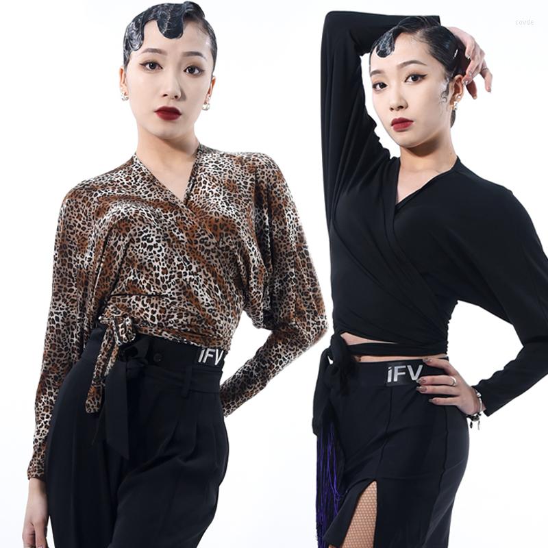 

Stage Wear Latin Modern Dance Clothes Women'S Bat Long-Sleeved Top Professional Practice Performance Costumes DN12627, Black