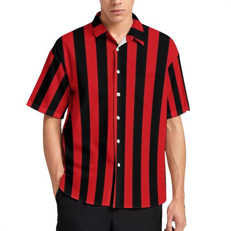 

Men's Casual Shirts Vertical Striped Red And Black Stripes Beach Shirt Hawaii Novelty Blouses Men Custom Plus Size, Style-15