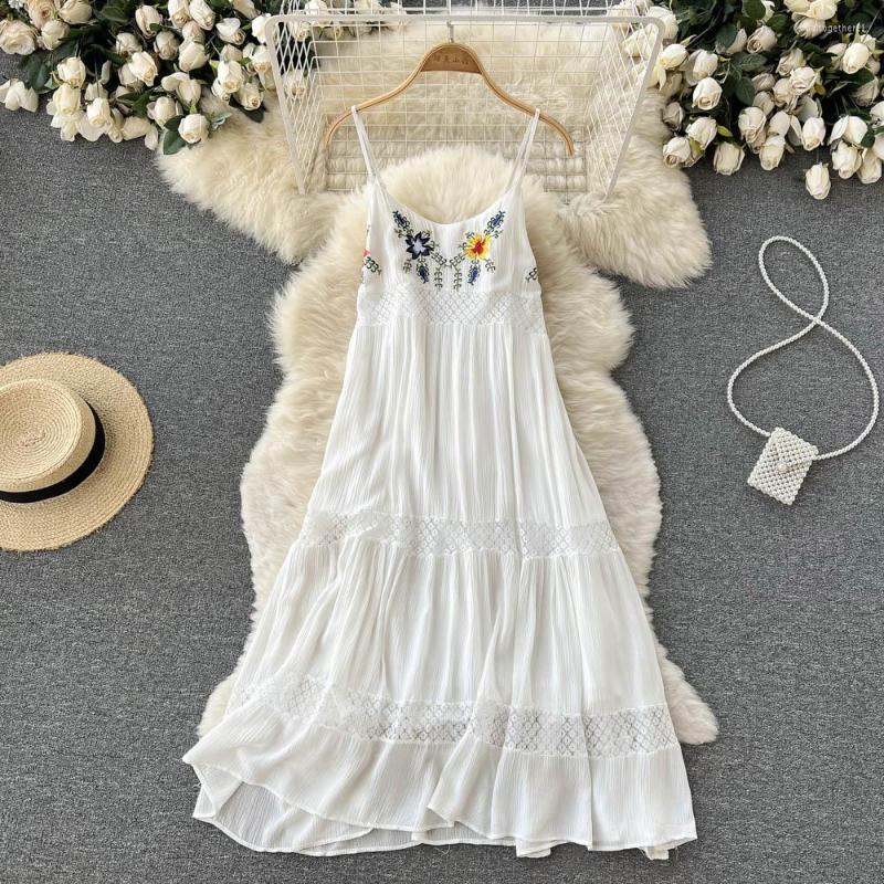 

Casual Dresses Women Embroidery Loose Hollow Crochet Maxi Dress Sleeveless A-line Boho Beach Vacation Sundress Summer Elegant Vestidos, White