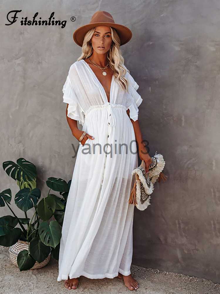 

Casual Dresses Fitshinling Bohemian Deep V Neck White Long Dress Backless Ruffles Button Up Pareos Beach Cover Up Holiday Sexy Slim Maxi Robe J230609, Light blue