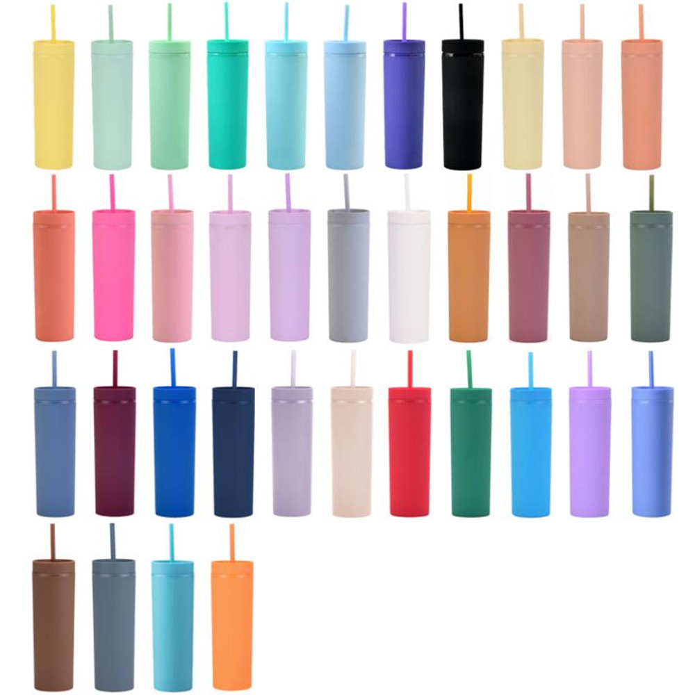 

37 Colors Stock Reusable Mugs 16oz Acrylic Skinny Tumblers Matte Colored Cup Double Wall Insulated Water Bottle Coffee Drinking Sippy Cups With Lids & Free Straws, Multi-color