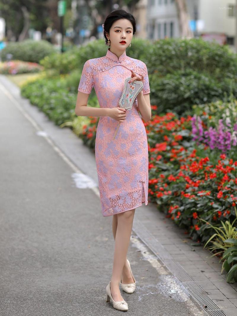 

Ethnic Clothing FZSLCYIYI Sexy Embroidery Chiffon Short Sleeve Mini Qipao Elegant Mandarin Collar Chinese Women Lace Cheongsam