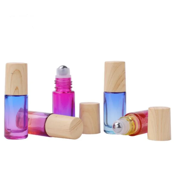 5ML Gradient Color Roll-On Perfume  Oil Bottle Steel Metal Roller Ball Bottles with Wood Looks Plastic Cap SN4357