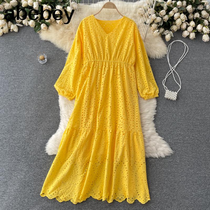 

Casual Dresses Vintage Yellow/Purple/Blue Hollow Out Midi Dress Women Puff Long Sleeve Loose Embroidered Vestidos Female Spring Autumn, Green