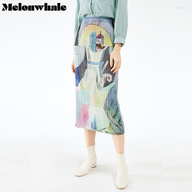 

Skirts MelonWhale Pleated Oil Painting Printed Half-body Skirt Designer High Elastic Waist Women Loose Fit In Spring Summer 2023