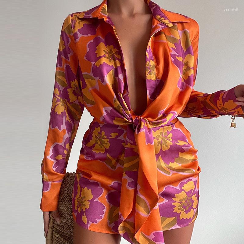 

Casual Dresses Fashion Dress For Women Temperament V-neck Long-sleeved Lace-up Mini Printing Sexy Summer Elegance Party, Orange