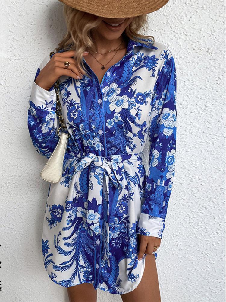 

Casual Dresses Sholine 2023 Women Autumn And Winter Blouse Top Style Lapel Multicolor Printing Bandage Bow Long Sleeved Dress, Blue