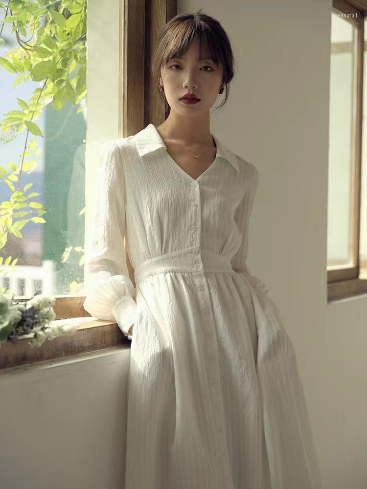 

Casual Dresses 2023 Spring Long Sleeve V-Neck Shirt Dress Ladies Office OL Waist Wrapped White