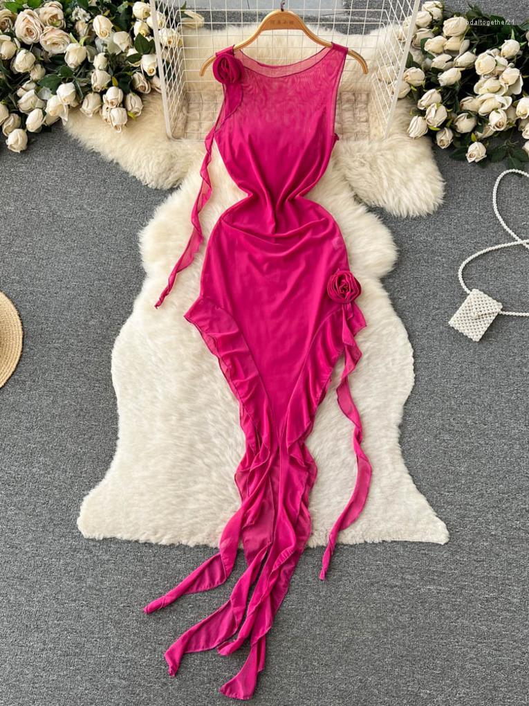 

Casual Dresses Foamlina Sexy See Through Women Summer Dress Elegant Flowers O Neck Sleeveless Slim Ruffles Mini Irregular Club Party, Beige