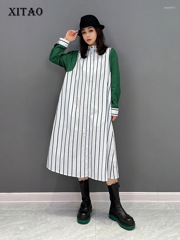 

Casual Dresses XITAO Striped Shirt Dress Loose Fashion Contrast Color Splicing Long Sleeve Women Autumn Simplicity WLD8809, White wld8809