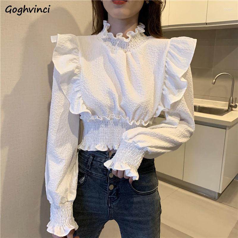 

Women' Blouses Cropped Women Solid Design Elegant Ladies College Petal Sleeve Temperament Spring Fall Young Ulzzang Stylish Ins, White