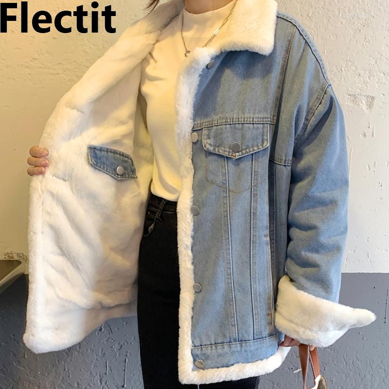 

Women's Jackets Women Denim Jacket With Fur Reversible Long Sleeve Jeans Winter Thick Coat Outerwear, Thick with fur