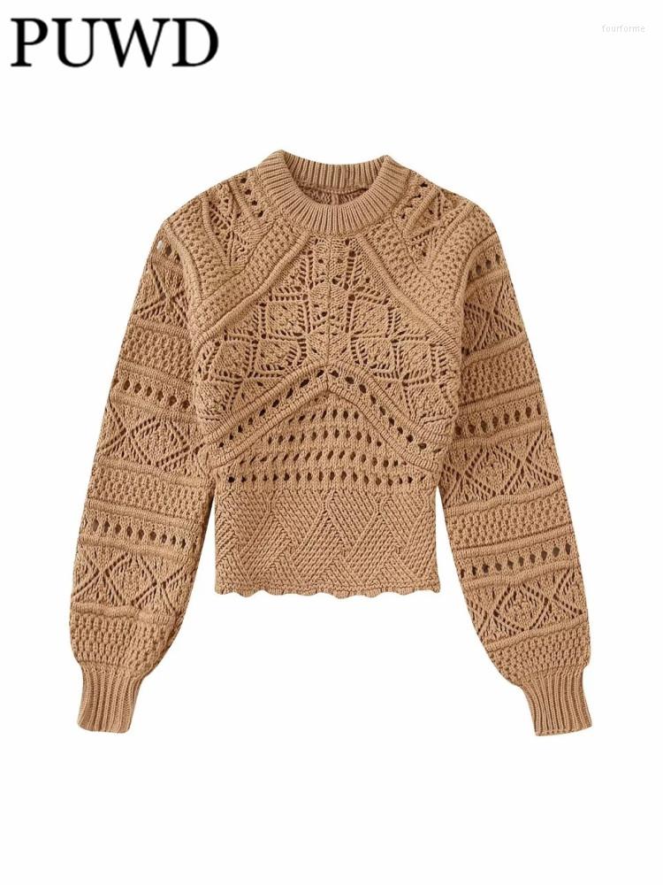 

Women's Sweaters PUWD Women Khaki Hollow Out Knitted O Neck Long Sleeve 2023 Autumn Knit Jumper Loose Female Pullovers Chic Tops, Brown