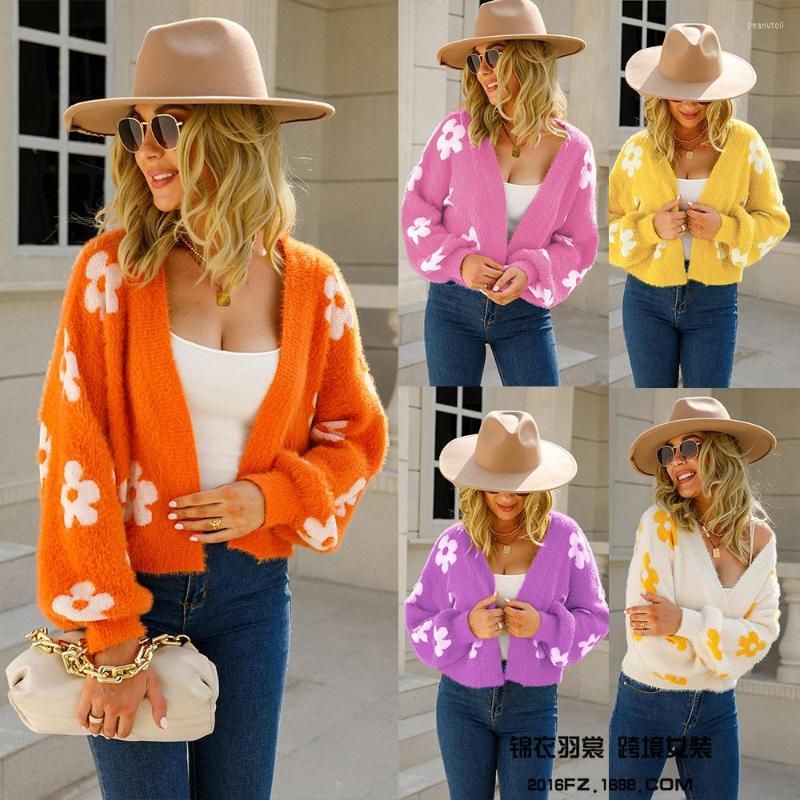 

Women's Knits Women's Fashion Casual Loose Short Knitwear Flower Sweater Female Printing Orange Pink Cardigan Open Stitch Slash Neck, Apricot