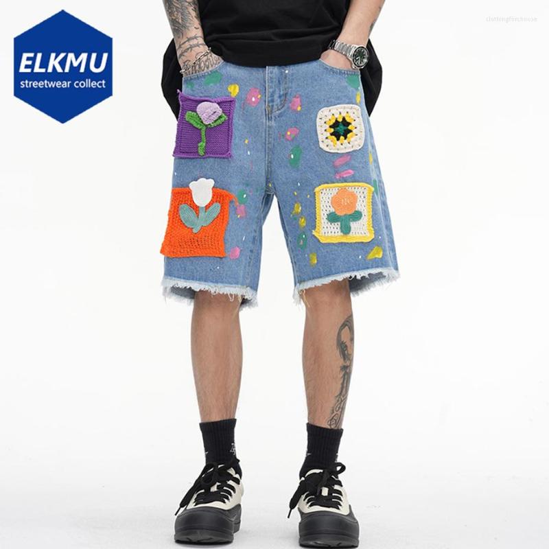 

Men's Shorts Flower Splicing Denim Wide Leg Loose Casual Blue Jeans Men Summer Streetwear Harajuku Hip Hop Y2K 2023, Black