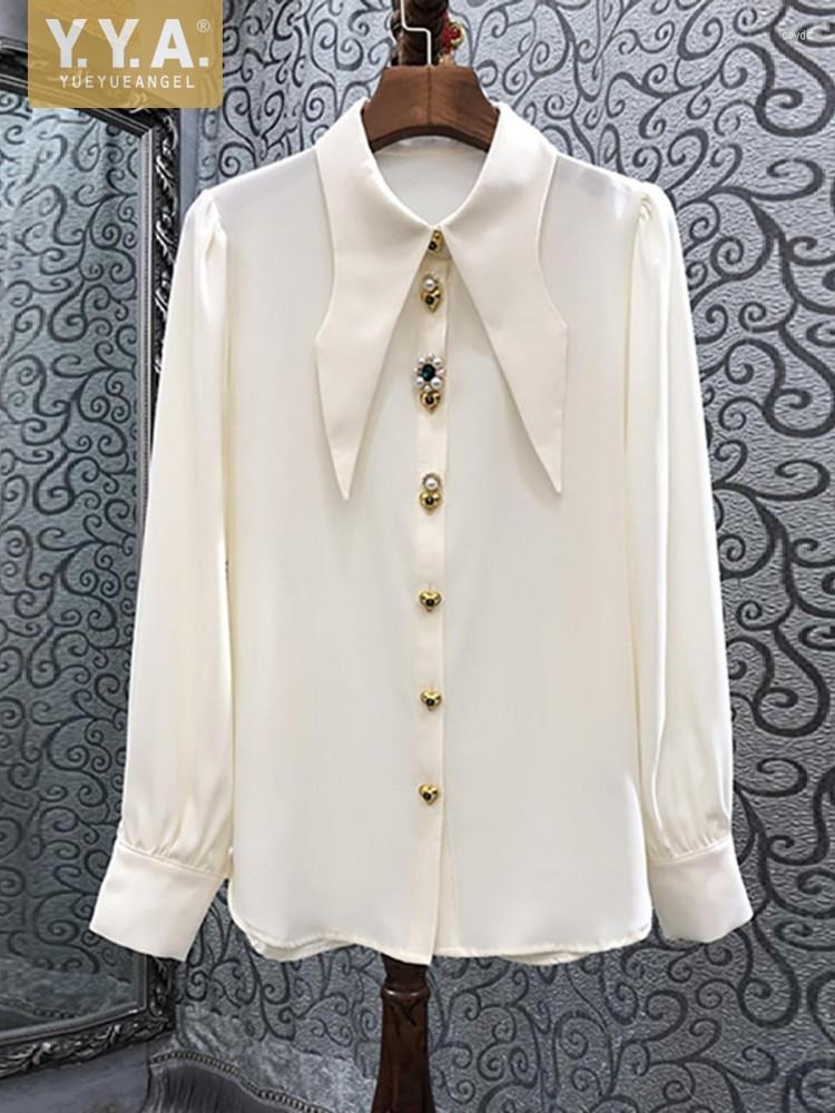 

Women' Blouses Women Exquisite Lapel Collar Beading Single Breasted Shirt Luxury Office Ladies Spring Summer Long Sleeve Silk Tops Work, Black