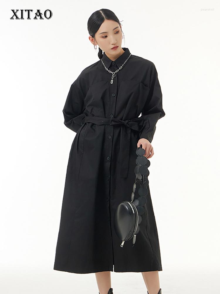 

Casual Dresses XITAO Bandage Shirt Dress Fashion Simplicity Solid Color Women Loose Turn-down Collar Temperament Autumn ZY7820, Black zy7820