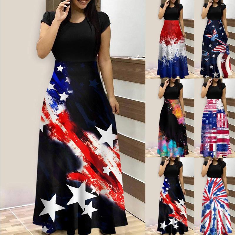 

Casual Dresses Women's Summer Fashion Printed Round Neck Short Sleeve Long Dress Fashionable Women 2023 Vestidos, Blue