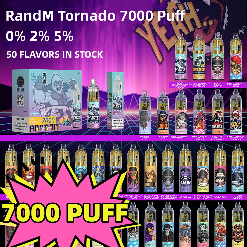 

original randM tornado puffs 7000 disposable E cigarettes pod device 7000 puff Powerful battery 14ml Prefilled Cartridge Mesh Coil RGB light Vape Pen kit VS randm 7k