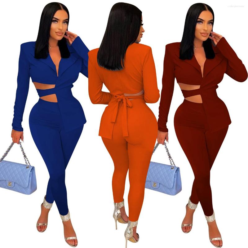

Women's Two Piece Pants YD8663 Women's Casual Suit Autumn And Winter Solid Color Long-sleeved Waist Irregular Lacing With Two-piece Set, Deep red