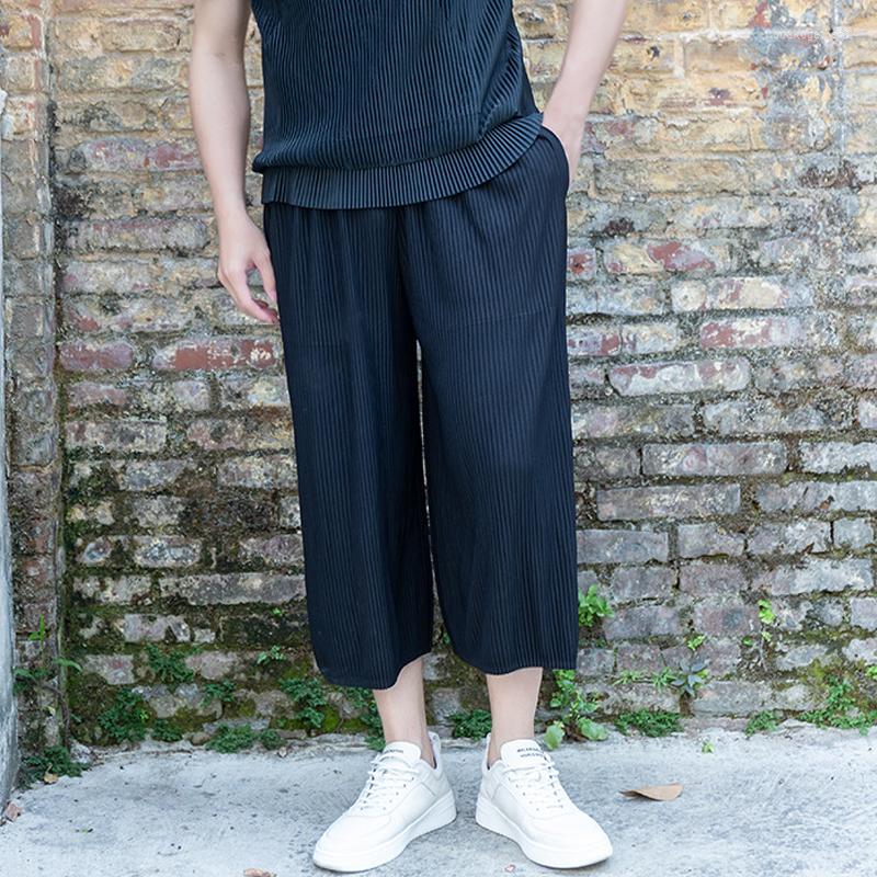 

Men' Pants Miyake Pleated Straight Cropped Summer Korean Fashion Calf-Length Trendy Sports Loose Harem Casual, Black