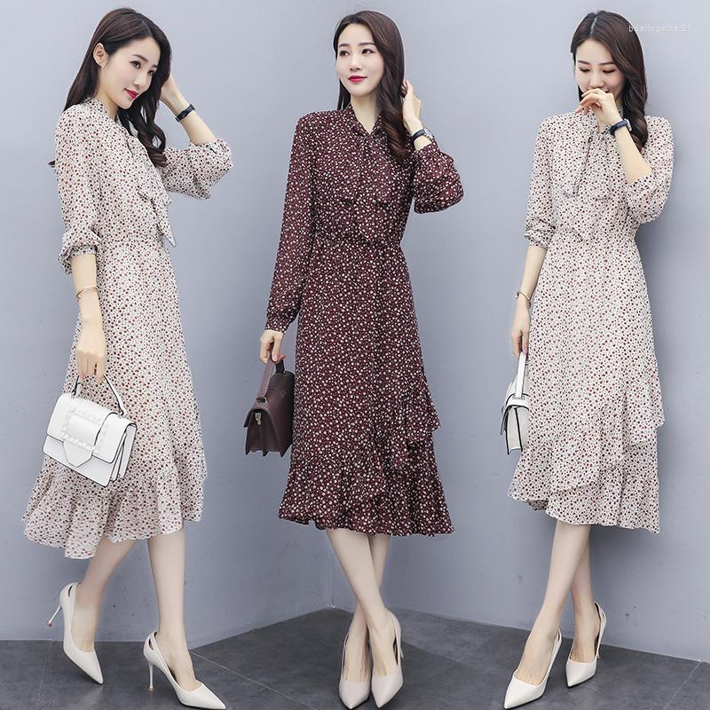 

Casual Dresses Women Small Flowers Long Dress 2023 Spring Autumn Lady Sleeve A-line Elastic Waist, Beige