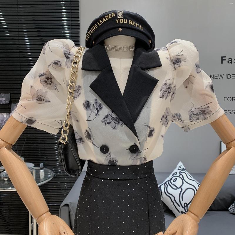 

Women's Blouses Women's Elegant Suit Collar Puff Sleeve Floral Shirt Lady Summer Short Double Breasted Top, Purple