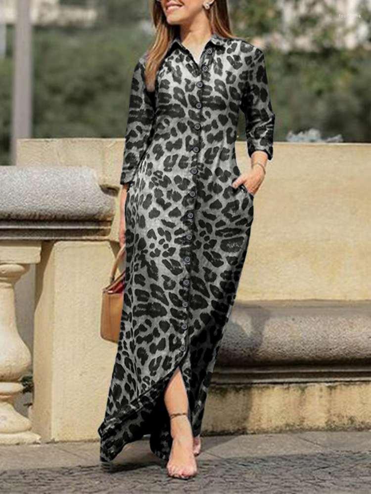 

Casual Dresses VONDA Autumn Long Sleeve 2023 Women Baggy Printed Leopard Vestidos Lapel Button Sundress Robe Femme, Coffee