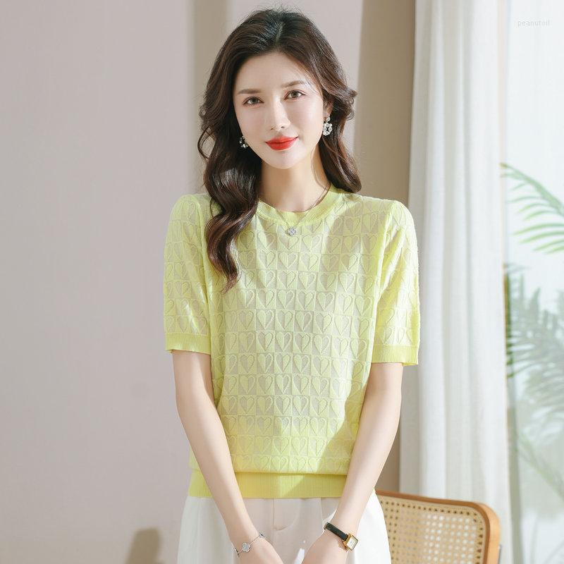 

Women's T Shirts 2023 Summer Women Heart Pattern Knitted Tops Cute Soft Yellow Pink White Purple Short Sleeve O-Neck T-Shirts Chic Knitwear
