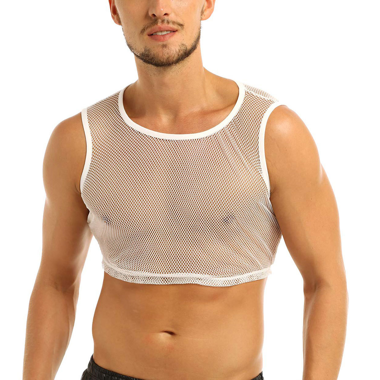 

Men's Tank Tops Summer Sexy Sheer Mesh Tank Tops Club See-through Fishnet Slim Fit Tank Vest Men Male Gym Muscle Crop Top Costumes, White