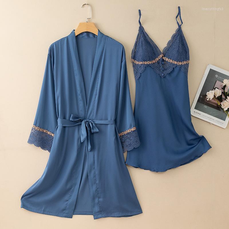 

Women's Sleepwear Jxgarb See Through Ice Silk Lace Hollow Out 2Pieces Langerie Robe Gown Sets Drop Female Sexy Nightwear Home Clothes, Blue set