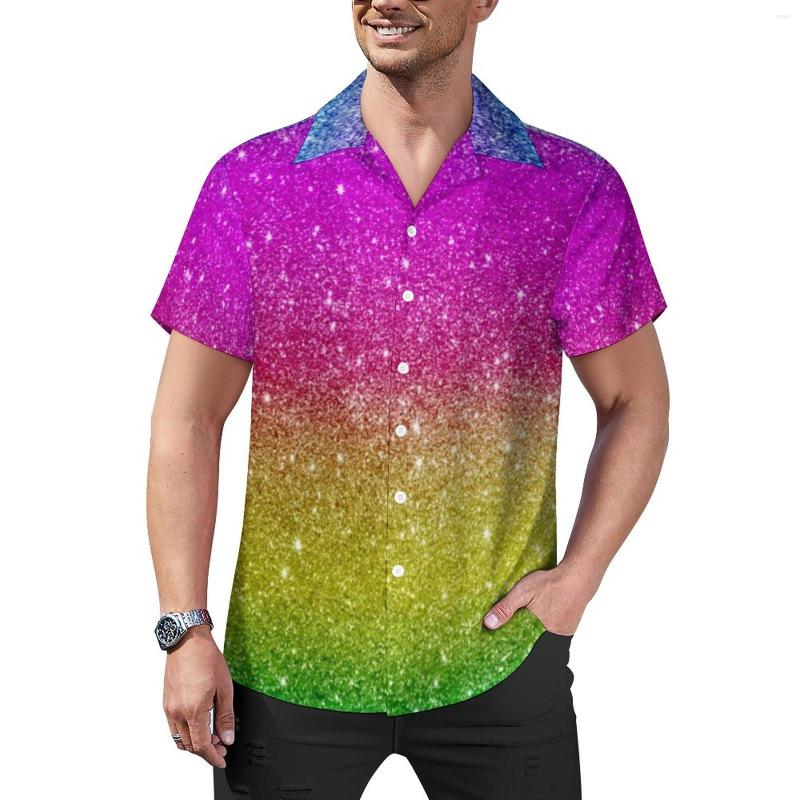 

Men' Casual Shirts Sparkle Rainbow Vacation Shirt Glitter Stripes Hawaiian Men Cool Blouses Short-Sleeve Custom Clothes Plus Size 4XL, Style-9