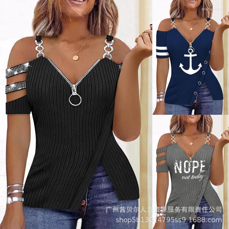 

Women's T Shirts Rhinestone Decor Zip Detail Split Hem Cold Shoulder Top Streetwear Beach Vacation Y2k For Women Graphic, Odt3381h