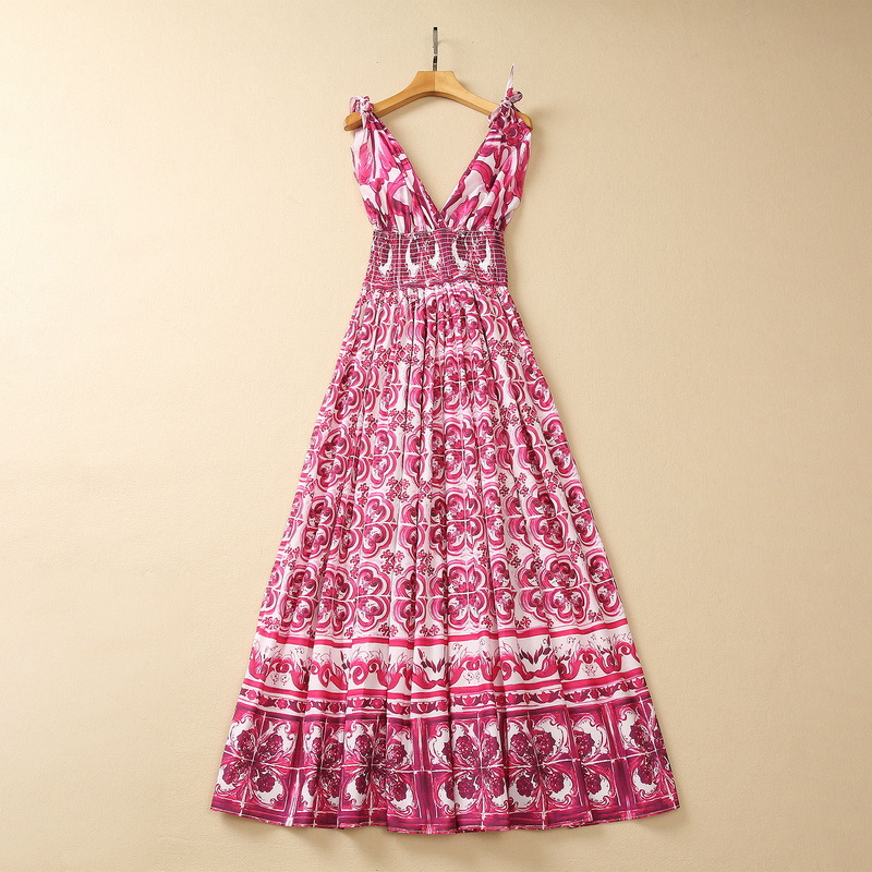 

2023 Summer Multicolor Paisley Print Ribbon Tie Bow Cotton Dress Spaghetti Strap V-Neck Panelled Long Maxi Casual Dresses S3L090608, Multi