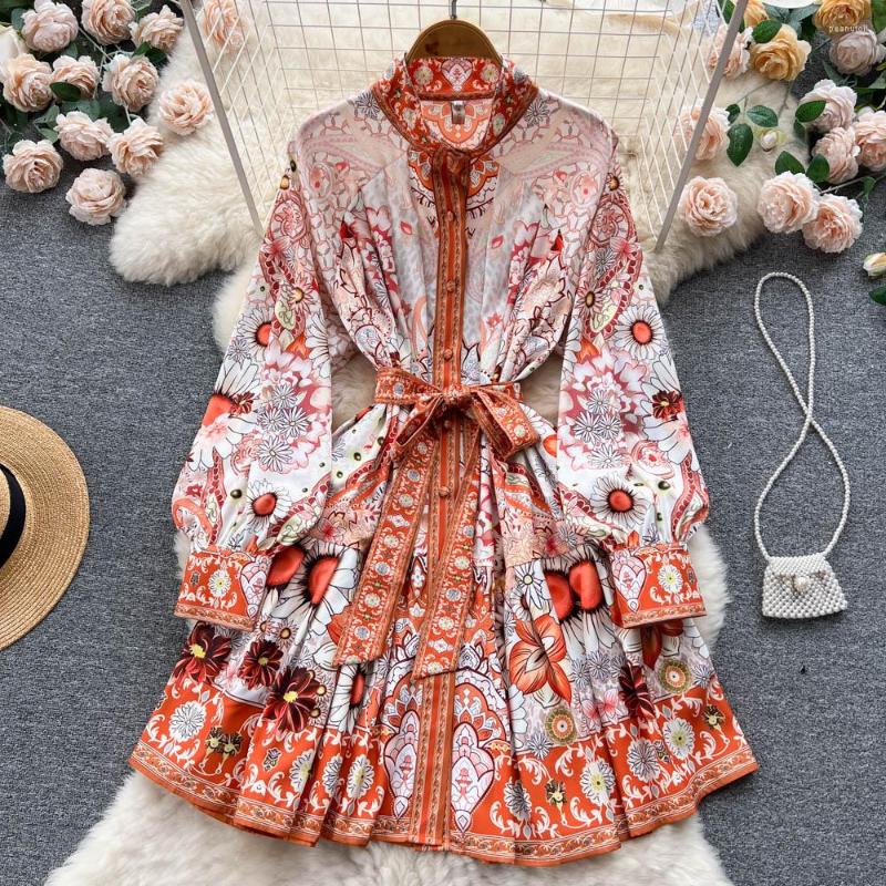 

Casual Dresses Women' Vintage Floral Lantern Sleeve Half High Collar A Line Dress Lady Spring Autumn Chic Long Knee Length