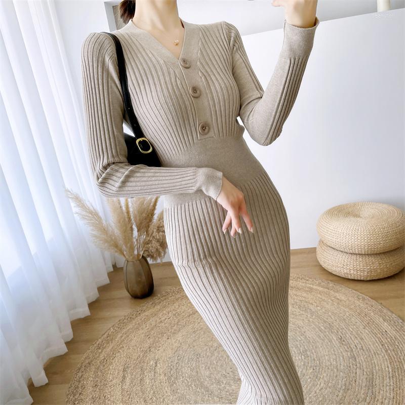 

Casual Dresses Knitting Wedding For Women Clothing Party Slim V-Neck Evening Bodycon Midi Dress Sweater Warm Vestidos Autumn Winter, Black
