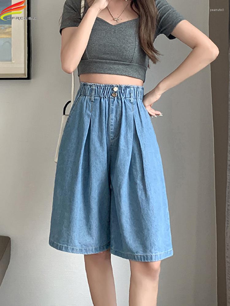 

Women's Shorts DFRCAEG 2023 Summer Wide Leg Denim For Women High Elastic Waist Sky Blue Color Loose Lady Jeans Casual Short Femme