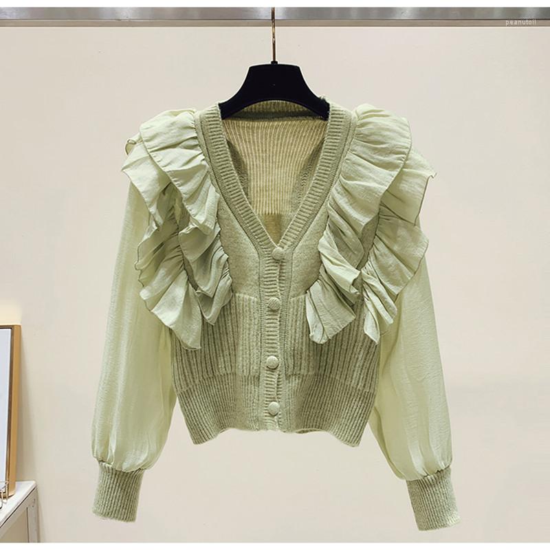 

Women's Knits Runway Designer Ruffles Chiffon Patchwork Knitted Cardigan Short Tops Women V Neck Casual Sweet Sweater Knitwear Femme, Picture color