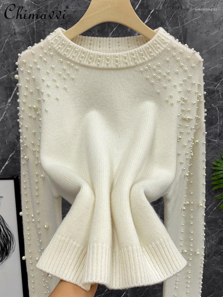 

Women's Sweaters Wool Heavy Industry Beads White Lantern Sleeve Sweater 2023 Spring Fashion High-End Pullover Temperament Women Knitted Top, Black